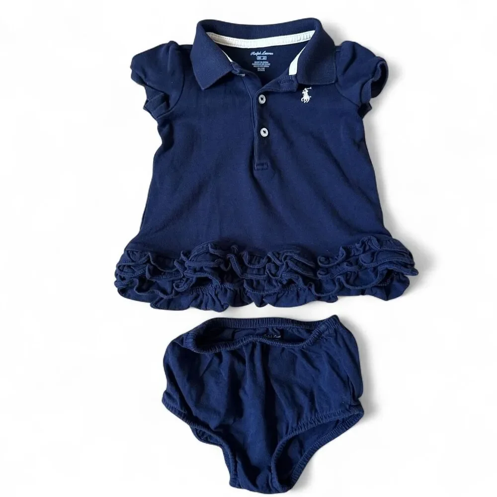 Ralph Lauren Baby Girl Navy Polo Dress with Matching Bloomers 3 Months